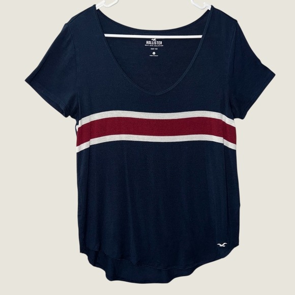 Hollister Womens Navy Blue‎ Red White Stripe V Neck Easy Tee Shirt Size M Logo - Picture 3 of 10